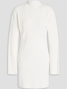 Long-Sleeve White Ribbed Knit Dress